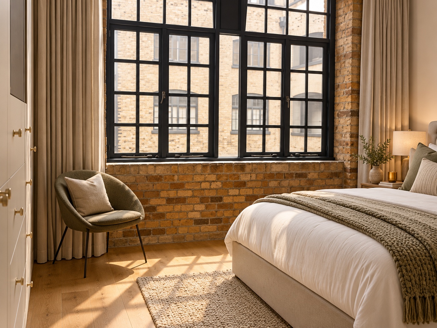Tobacco Dock bedroom with industrial window